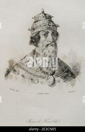 Ivan IV Vasilyevitch (1530-1584), connu sous le nom d'Ivan le terrible. Grand Prince de Moscou (1533-1547) et Tsar de tous les Russias (1547-1584). Portrait. Gravure par Lemaitre, Vernier et Moret. Histoire de la Russie par Jean Marie Chopin (1796-1870). Panorama Universal, édition espagnole, 1839. Banque D'Images