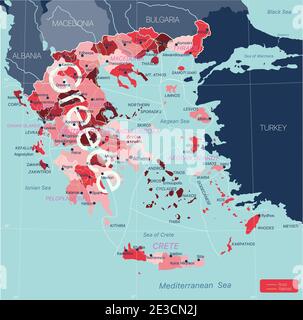 Grèce carte détaillée modifiable avec régions villes, routes et chemins de fer, sites géographiques. Fichier vectoriel EPS-10 Illustration de Vecteur