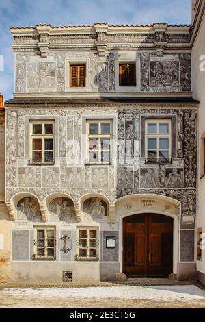 Slavonice, République tchèque - 4 mars 2018. Une petite ville charmante en Bohême du Sud.façades richement décorées sgraffiti,fresque peintures.Renaissance Banque D'Images