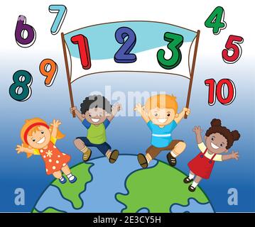 Illustration du dessin animé Happy Kids , des enfants autour du globe tenant une bannière Illustration de Vecteur