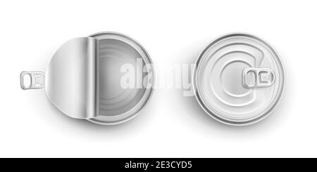 Boîte en étain métallique pour aliments isolés sur fond blanc. Maquette réaliste Vector de conteneur rond en aluminium vierge avec couvercle à ouverture par anneau, vue de dessus du réservoir en acier ouvert et fermé Illustration de Vecteur
