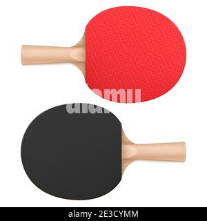 Palettes de ping-pong, raquettes de tennis de table, vue du haut et du bas. Équipement de sport avec manche en bois et surface de chauve-souris rouge et noire en caoutchouc isolée sur fond blanc, illustration vectorielle 3d réaliste Illustration de Vecteur