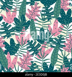 Motif de feuilles tropicales sans couture avec éléments colorés dessinés à la main et texturés isolés sur fond blanc. Illustration vectorielle de style scandinave f Illustration de Vecteur