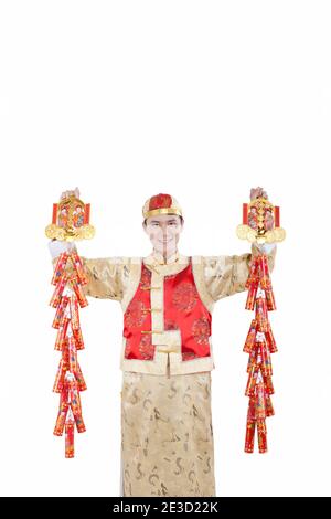 Portrait d'un jeune homme en costume de Tang tenant le péroniste haut photo de qualité Banque D'Images