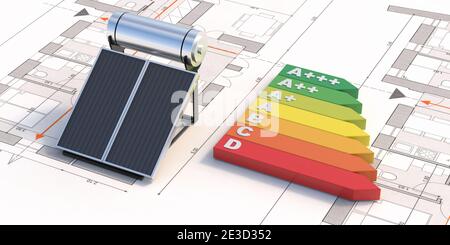 Tableau du système de chauffage solaire de l'eau et de l'efficacité énergétique sur l'arrière-plan du projet. Concept de conception et de construction d'énergie renouvelable. illustrat 3d Banque D'Images