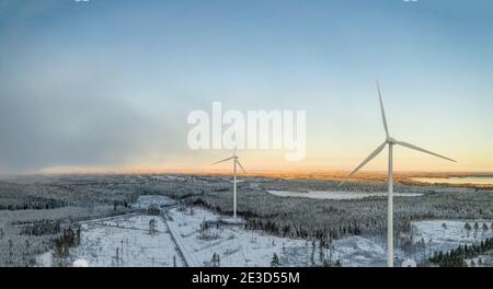 Vol spectaculaire dans un air légèrement brumeux vers deux éoliennes. Vol au-dessus de l'hiver forêt de pins scandinaves jusqu'au lac gelé et à la côte de mer wi Banque D'Images