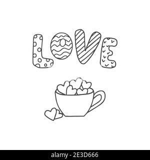 Doodle pour la Saint Valentin, mariage, événements romantiques. Une tasse de guimauves sous forme de coeurs. Illustration de Vecteur