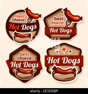 Jeu de badges, d'étiquettes, de logos, de modèles de design d'icônes pour american hotdog. Illustration de Vecteur