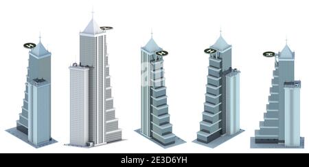 5 rendus de maisons de conception fictives avec héliport avec reflet ciel nuageux - isolé sur blanc, différents côtés vue 3d illustration de gratte-ciel Banque D'Images