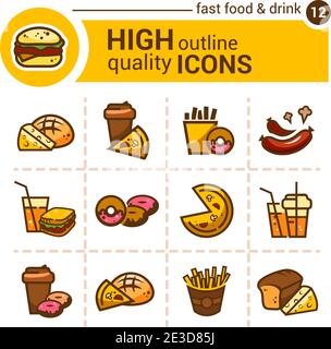 Autocollants plats colorés et icônes de fast food, ensemble vectoriel. Illustration de Vecteur