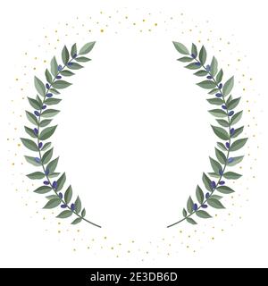 Branches d'olive noires couronne sur fond blanc avec de la poussière dorée. Cadre à partir de feuilles d'olive. Élément héraldique à motif couronne vintage avec cadre fleuri Illustration de Vecteur