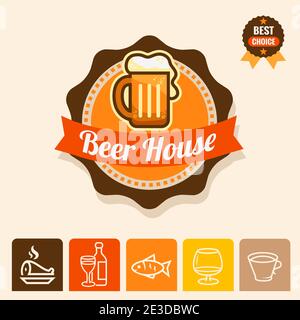 Étiquette avec des tasses à bière et le texte Beer écrit à l'intérieur, illustration vectorielle. Illustration de Vecteur