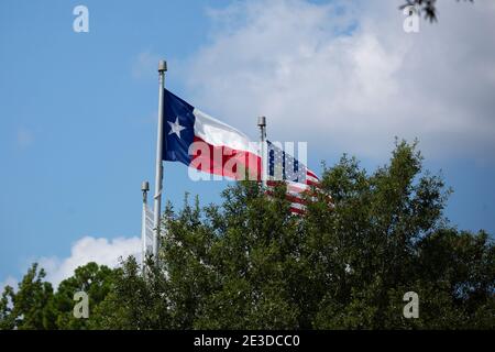 Le drapeau de l'État du Texas et le drapeau national des États-Unis apparaissent le vent Banque D'Images