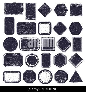 Timbres en caoutchouc. Étiquettes de texture à graquer, cadres rectangulaires et circulaires en caoutchouc rétro. Jeu d'illustrations vectorielles pour tampon de texture vieilli Illustration de Vecteur