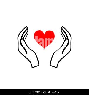 Mains tenir un coeur rouge, concept de santé noir contour icône isolée sur blanc Illustration de Vecteur