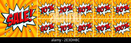 Grand ensemble de soldes orange. Inscription à la vente et tous les chiffres pour cent. Couleurs orange et rouge. Bandeaux Web de style BD pop-art, animation flash Illustration de Vecteur