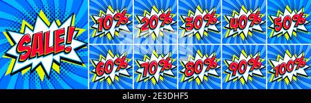 Ensemble de soldes Big Blue. Inscription à la vente et tous les chiffres de pourcentage. Bleu et rouge. Bannières Web de style BD pop-art, animation flash, autocollants, étiquettes. Illustration de Vecteur