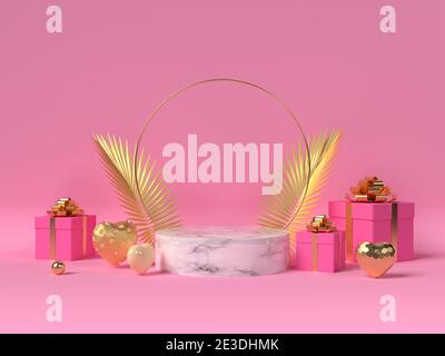 Podium avec coeurs dorés en 3d, boîtes-cadeaux et feuilles de palmier. Mariage ou Saint Valentin fond rose, concept d'amour. illustration du rendu 3d. Banque D'Images
