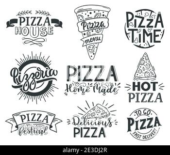 Citations de lettres de pizza. Pizza italienne, citations de fast food, étiquettes de nourriture de menu de pizzeria. Street Food café pizza cite scénario jeu d'illustrations Illustration de Vecteur