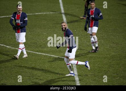 Layvin Kurzawa de PSG célèbre son but avec Mauro Icardi, Kylian Mbappe pendant le championnat français Ligue 1 football match / LM Banque D'Images