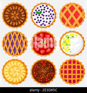 Vue du dessus du Pies. Plats à cuire au four, pommes délicieuses, myrtille, noix de pécan et tarte savoureuse aux cerises. Vue de pâtisserie sucrée du jeu d'illustrations vectorielles ci-dessus Illustration de Vecteur