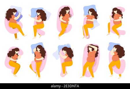 Poses de sommeil enceintes. Femme pose confortable de sommeil, grossesse sommeil sain nuit. Divers préggo sommeil pose vecteur jeu d'illustrations Illustration de Vecteur