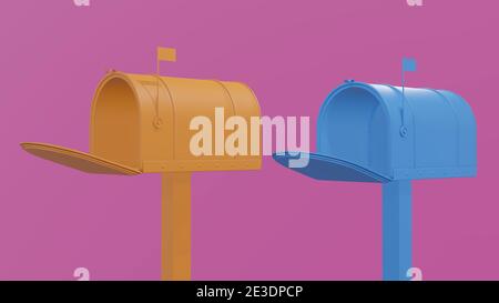 Cliché isolé de boîtes aux lettres jaunes et bleues sur fond rose Banque D'Images