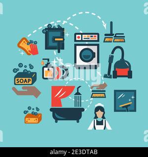 Icônes de nettoyage définies dans le style conception à plat. Illustration de Vecteur