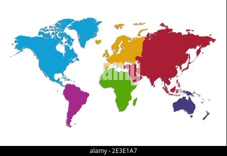 Carte des continents du monde, continent individuel séparé, carte couleur isolée sur fond blanc vierge Banque D'Images
