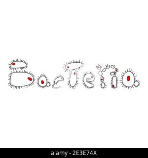 Mot bactéries dans le style Doodle avec un trait sur fond blanc. Citation écrite par des chiffres de cellules bactériennes. Illustration de Vecteur