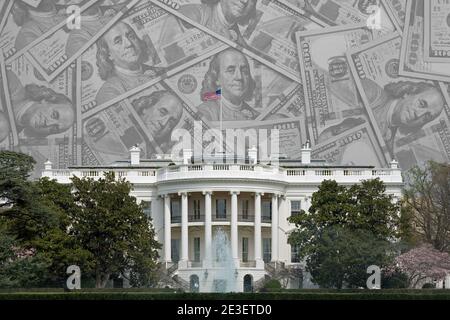 Les États-Unis d'Amérique la Maison Blanche des États-Unis à Washington D.C. est superposée sur une collection de billets de 100 dollars, avec de la place pour le texte ci-dessus. Banque D'Images