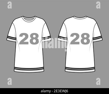T-shirt de football américain technique de mode illustration avec manches courtes raglan, longueur tunique, col rond, grand. Modèle d'extérieur à dessus plat avant, arrière, blanc. Femmes hommes unisexe CAD maquette Illustration de Vecteur
