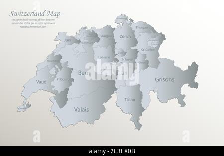 Carte de la Suisse, division administrative avec noms, carte bleue blanche papier 3D vecteur Illustration de Vecteur