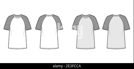 T-shirt de baseball illustration technique de la mode avec manches raglan, longueur tunique, col rond, surdimensionné. Modèle d'extérieur de dessus de vêtement plat avant, arrière, blanc, gris. Femmes hommes unisexe CAD maquette Illustration de Vecteur