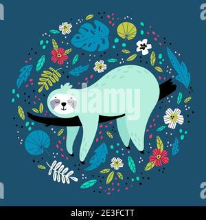 Sloth dans diverses feuilles et fleurs tropicales. Illustration de Vecteur