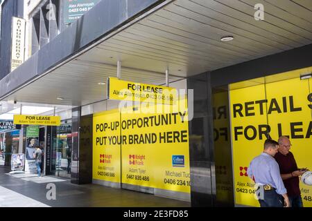 Centre-ville de Sydney unité vide de magasin de détail libre pour la location Dans la grande rue, Sydney, Nouvelle-Galles du Sud, Australie Banque D'Images