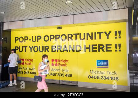 Centre-ville de Sydney unité vide de magasin de détail libre pour la location Dans la grande rue, Sydney, Nouvelle-Galles du Sud, Australie Banque D'Images