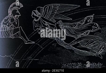 Les dessins de Flaxman illustrant les blessures d'Iliad venus d'Homer menées par Iris à Mars. Diomed lance sa lance contre Mars. Cette scène est l'un des nombreux dessins que le sculpteur et dessinateur anglais John Flaxman (1755–1826) a fait pour illustrer des passages de l'épopée grecque Homer's Iliad and Odyssey, une commission qu'il avait donnée par Georgiana Hare-Naylor alors qu'il vivait à Rome. Il représente Vénus blessée et conduite par Iris à Mars. Il a été fait 1793. Banque D'Images