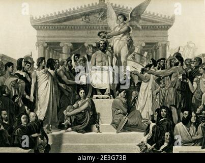 Apothéose de l'Homère - photogravure de la peinture de Jean-Augste Ingres. L'apothéose d'Homère est un grand tableau de Jean-Auguste-Dominique Ingres en 1827, aujourd'hui exposé au Louvre sous la forme INV 5417. La composition symétrique dépeint Homer couronné par une figure ailée incarnant la victoire ou l'Univers. Banque D'Images