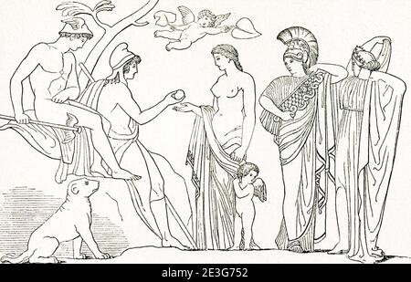 Cette scène est l'un des nombreux dessins que le sculpteur et dessinateur anglais John Flaxman (1755–1826) a fait pour illustrer des passages de l'épopée grecque Homer's Iliad and Odyssey, une commission qu'il avait donnée par Georgiana Hare-Naylor alors qu'il vivait à Rome. Il représente le jugement de Paris. Il a été fait 1793. Banque D'Images