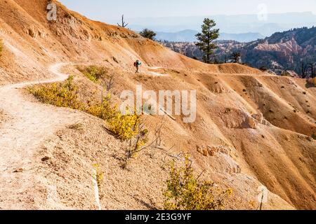 Une femme qui marche sur le sentier de la boucle Fairyland dans le parc national de Bryce Canyon, Utah, États-Unis. Banque D'Images