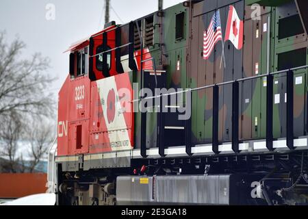 Bartlett, Illinois, États-Unis. Plusieurs locomotives du chemin de fer national canadien, dirigées par une unité spécialement peinte en hommage aux anciens combattants, dirigent un train de marchandises. Banque D'Images