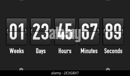 Compteur analogique, compte à rebours mécanique de l'affichage de l'aéroport indiquant les semaines, les jours, les heures, les minutes et les secondes. Variante noire. Illustration vectorielle, réaliste 3D Illustration de Vecteur
