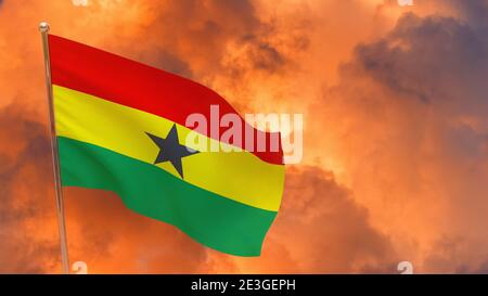 Drapeau du Ghana sur la perche. Arrière-plan spectaculaire. Drapeau national du Ghana Banque D'Images