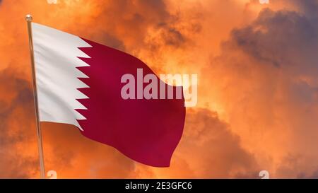 Drapeau du Qatar sur la perche. Arrière-plan spectaculaire. Drapeau national du Qatar Banque D'Images