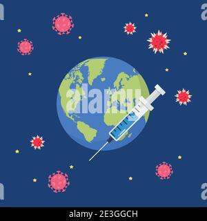 Planète Terre avec une seringue entourant le coronavirus Covid-19. Illustration vectorielle Illustration de Vecteur