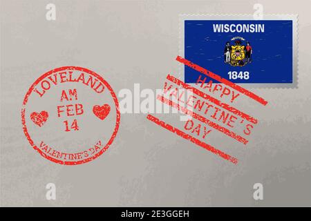 Enveloppe de timbre-poste avec drapeau des États-Unis du Wisconsin et timbres de la Saint-Valentin, vecteur Illustration de Vecteur