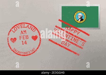 Enveloppe de timbre-poste avec drapeau des États-Unis de Washington et timbres de la Saint-Valentin, vecteur Illustration de Vecteur