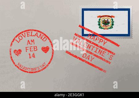 Enveloppe de timbre-poste avec drapeau des États-Unis de Virginie occidentale et timbres de Saint-Valentin, vecteur Illustration de Vecteur