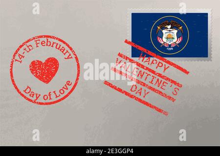 Enveloppe de timbre-poste avec drapeau des États-Unis de l'Utah et timbres de la Saint-Valentin, vecteur Illustration de Vecteur